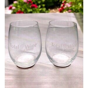 Set of 2 TOTAL WINE 10 oz Stemless Etched Logo Wine Glasses 4 1/2" Tall